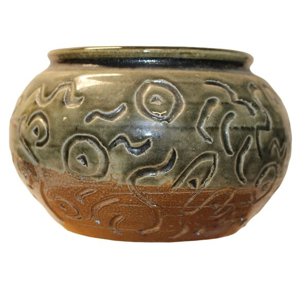 Studio Art Signed Stoneware Pottery Vase Fish Underwater Design Approx 5" Tx7" R - Picture 2 of 8